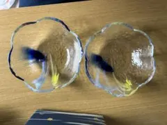 青と黄色の花模様 ガラス皿2個セット