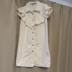 ゆ*み様 ホワイト フリル ノースリーブ シャツワンピース