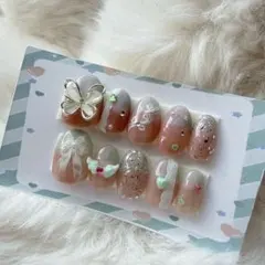 ミント　ピンク系　蝶モチーフ　ネイルチップ