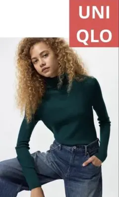 【美品】UNIQLO ユニクロ　メリノリブタートルネックセーター　グリーン　M