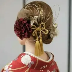 ワイン×ゴールド 水引アレンジ　成人式　結婚式　髪飾り和装 金箔シート付き