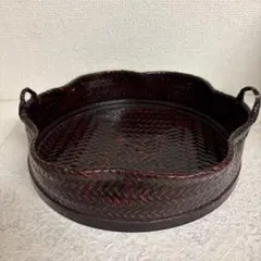 漆器 円形 菓子器 黒と赤 編み込みデザイン