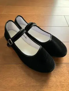 【美品】カンフーシューズ/ストラップパンプス／バレーシューズ 黒 ベロア25cm