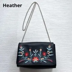 Heather 花柄刺繍 レトロ　チェーンショルダーバッグ 黒 ミニバック