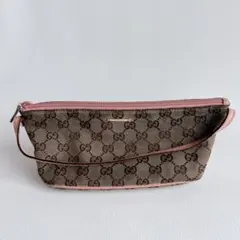 【レア】Gucci GG柄キャンバス アクセサリーポーチ ピンクレザー　ミニ
