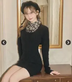 ミシェルマカロン シャツレイヤード風ニットワンピース ブラック XS