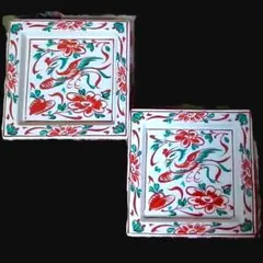 新品2客 有田焼 赤絵花鳥 角皿 鳳凰