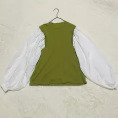 リブニット　ブラウスドッキングトップス　バルーン袖　オリーブ色　M