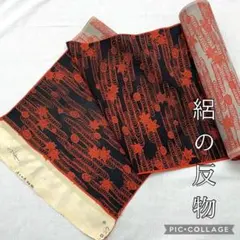 22153【最終価格】反物　絽　観世水と紅葉　黒×朱　小紋　夏物