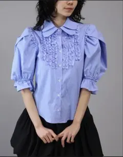 デニム襟プリントブラウス　ブルーストライプ