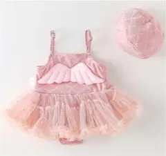 110cm キッズ 水着 ワンピース 帽子付き チュール 天使 ピンク 帽子付き