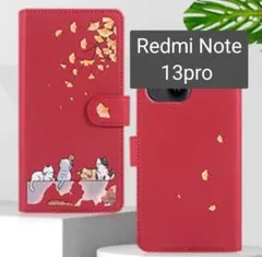 Redmi note 13pro スマホケース 手帳型 レッド 赤 猫柄 カバーのサムネイル