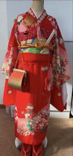 七五三に★赤色に鈴と飛鶴　四季花々　7歳着物セット 七五三に☆赤色に鈴と飛鶴 四季花々 7歳着物セット - メルカリ