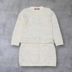 ツイードニットカーディガン　ミニスカート　セットアップ　ホワイト　ピンク