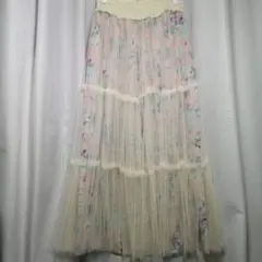 花柄ティアードチュールスカート　ピンク×アイボリー系