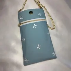 携帯用スマホポーチ　リボン刺繍 　ハンドメイドスマホショルダーポーチ