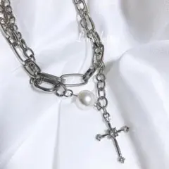 No.845 十字架パールチェーン2連チョーカーネックレス 韓国 量産型 地雷