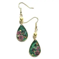 和風　グリーンラメ　真紅の薔薇と蝶　雫　ピアス　大