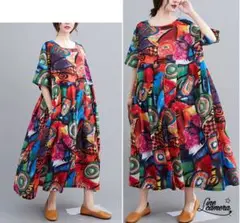 F 新品　未使用　春夏　丸襟　Aライン　エスニック柄　マキシ丈　アジアン　アート
