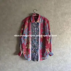 昭和レトロ長袖シャツ　シアーシャツ　秋コーデ　ヴィンテージシャツ　総柄シャツ