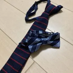 motherways ネイビーとレッド ストライプ ネクタイ　蝶ネクタイセット