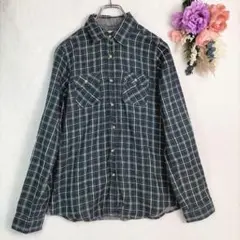 アース　緑✕紺　チェック柄　長袖ネルシャツ M　ボタンダウン
