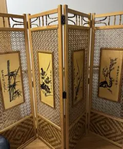 ◆透かし彫/竹と木製の【昭和レトロ】衝立 和製アンティーク 昭和初期 フクロウの透かし彫りが愛らしい