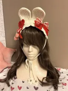 ヘッドドレス　バブーシュカ　ボンネット　ハンドメイド　鍵あみ　ニット