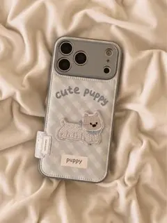 青系チェック刺繍犬iPhoneケース耐衝撃落下防止可愛い保護