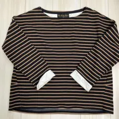 【ナノユニバース】茶色と黒のストライプ 七分丈 ボートネック　カットソー