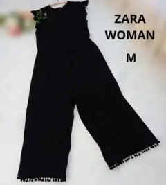 【ZARA WOMAN 】黒 ポンポンタッセル オールインワン ワイドパンツ Mのサムネイル