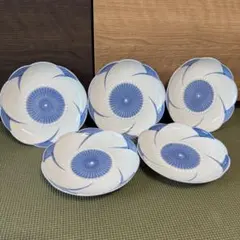 【未使用】有田焼 鶴松窯 染付 輪花 銘々皿 5客セット 中皿 取り皿 箱付き