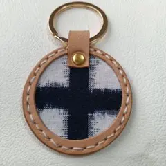 ハンドメイド キーリング ヌメ革 十字柄　久留米絣