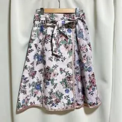 アクシーズファム　ゴブラン風　スカート　淡ピンク　花柄　バラ　リボン　M