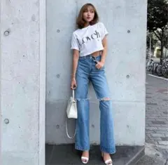 美品 シェリエ sheller ハイライズ ワイドレッグデニム ジーンズ ハイライズワイドレッグデニムネイビーシェリエshelle