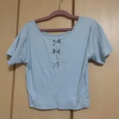 リボン付き 半袖 リブカットソー 水色のサムネイル