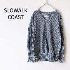 Z【SLOWALK COAST】Vネックシャツ ギンガムチェック 紺 綿100％