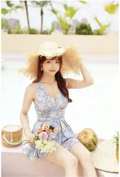 MALYMOON 花柄 フリル Vネック ワンピース水着