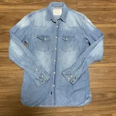 格安❗️ベイフロー　ダメージライトブルー デニムシャツ　サイズ4 オルテガ柄刺繍