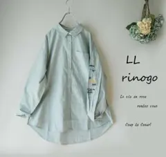 新品値引　春　ＬＬグリーンストライプ袖刺繍長め丈シャツブラウス長袖大きいサイズ