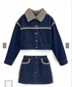 ネイビー ボア襟付きデニムセットアップ