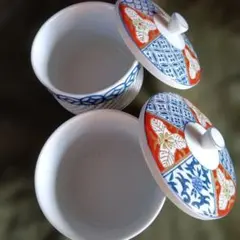 有田焼　波佐見焼　蓋付き湯呑み 2客セット 伝統柄 和食器　未使用品