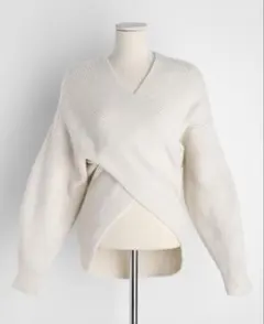 新品クロスニットカシュクールニットホワイトVネックバルーンスリーブウール混