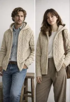 90s 肉厚アランケーブルニット フード付 ウール100% Irish