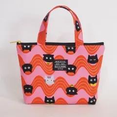 ハンドメイド＊ミニバッグ＊ハンドル付きポーチ＊ピンクオレンジ猫柄ネコ