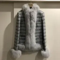 【美品】ハロッズ ツイード フォックスファー ジャケット コート 1 グレー