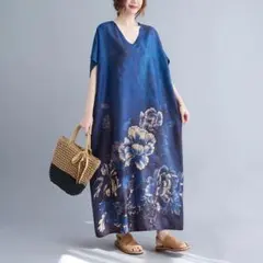 エスニックボタニカル ゆったりロングマキシワンピースモンステラ柄A183B青色