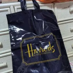 値下げ　Harrods トートバッグ 紺色 光沢仕上げ