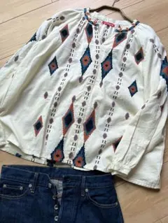 オススメ　アミナ　刺繍　ブラウス　ノーカラー　コットン　綿素材　アジアン