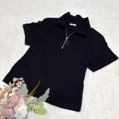 【ジーユー】GU リブハーフジップコンパクトT(半袖) ブラック L